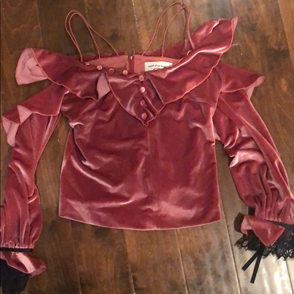 Self-Portrait Velvet Off-Shoulder Blouse in Dusty Rose